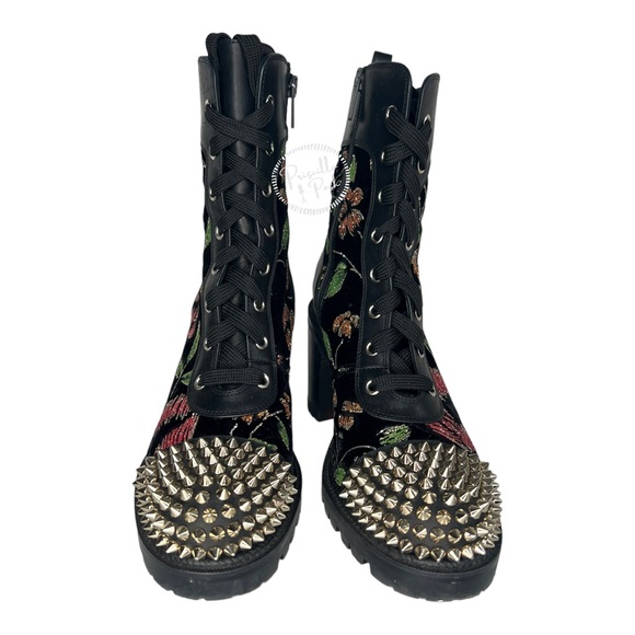 Christian Louboutin Croc Floral Studded Hiking Ankle Boots Black Spike Studded - Picture 6 of 15